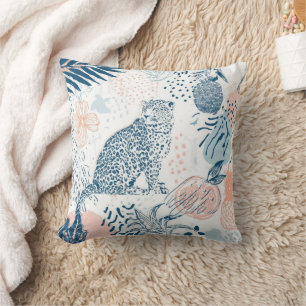 Tropical Leopard Blue Peach Abstract Throw Pillow