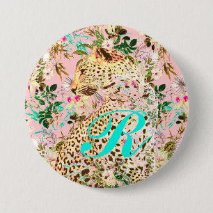 Tropical leopard print floral Hawaiian 3 Inch Round Button
