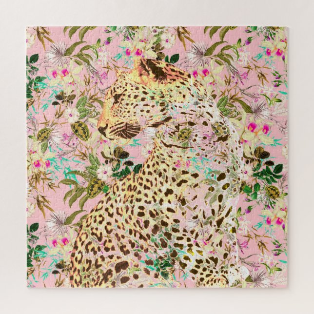 Tropical leopard print floral Hawaiian Jigsaw Puzzle (Vertical)