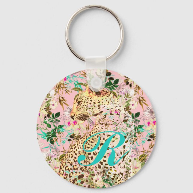 Tropical leopard print floral Hawaiian Keychain (Front)