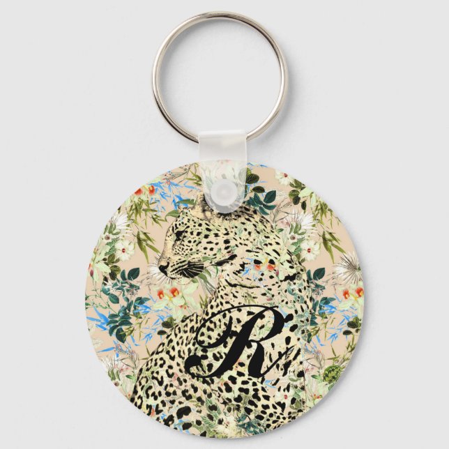 Tropical leopard print floral Hawaiian Keychain (Front)