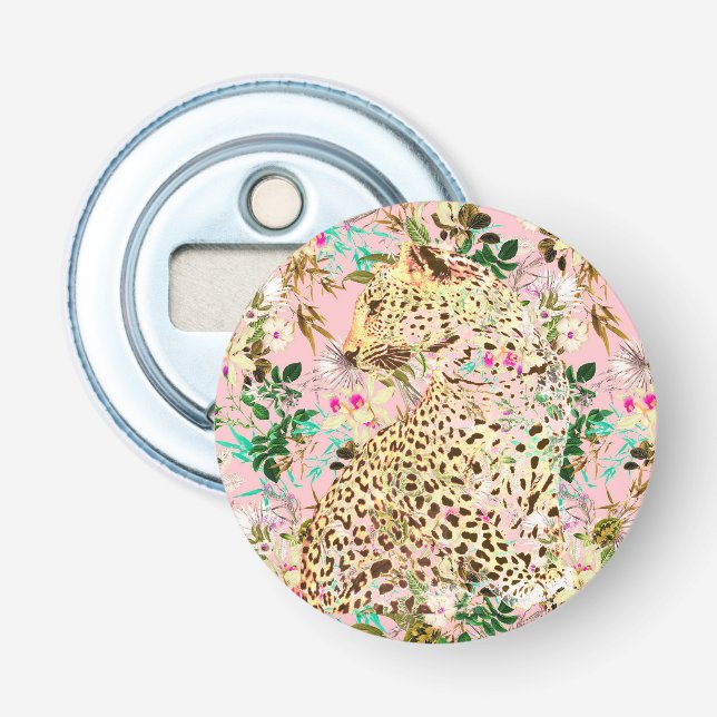 Tropical leopard print floral Hawaiian pink Bottle Opener (Front)