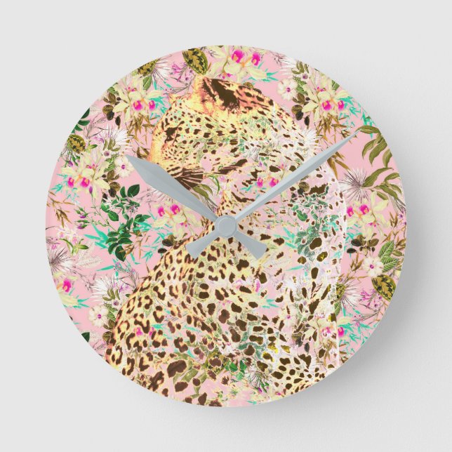 Tropical leopard print floral Hawaiian   Round Clock (Front)