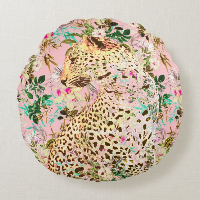 Tropical leopard print floral Hawaiian Round Pillow (Front)