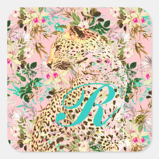 Tropical leopard print floral Hawaiian Square Sticker (Front)