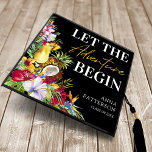 Tropical Let The Adventure Begin Graduation Cap Topper<br><div class="desc">Summer graduation cap topper featuring trendy black background,  the saying 'let the adventure begin',  tropical watercolor florals,  foliage,  a coconut & cocktail,  their name,  and class year.</div>