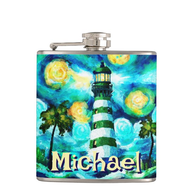 Tropical Lighthouse Coastal Nautical Personalized Hip Flask (Front)