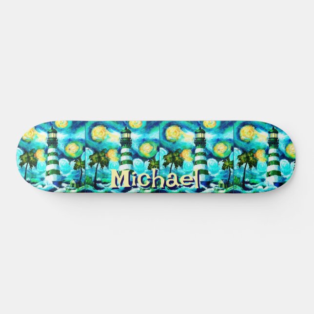 Tropical Lighthouse Coastal Nautical Personalized Skateboard (Horz)