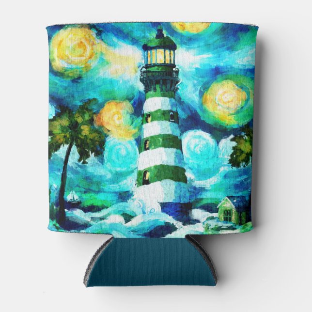 Tropical Lighthouse Palm Trees Coastal Nautical Can Cooler (Front)