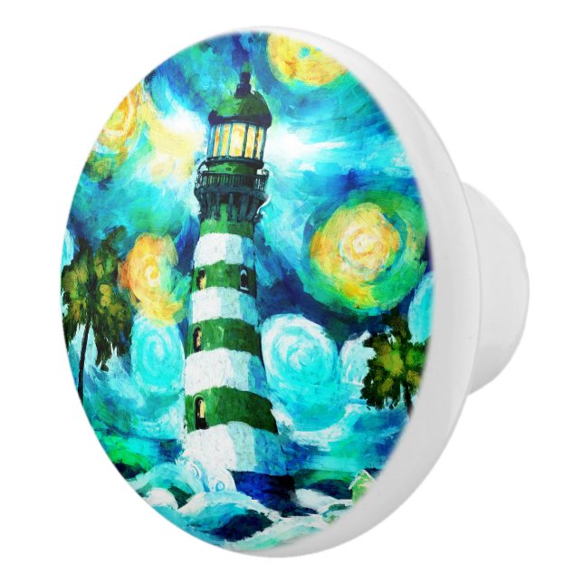 Tropical Lighthouse Palm Trees Coastal Nautical Ceramic Knob (Right)