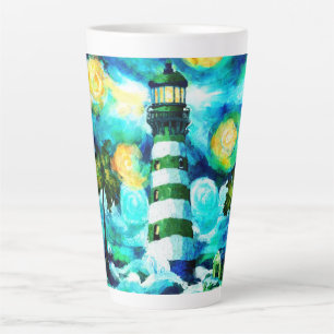 Tropical Lighthouse & Palm Trees Green Blue Teal Latte Mug