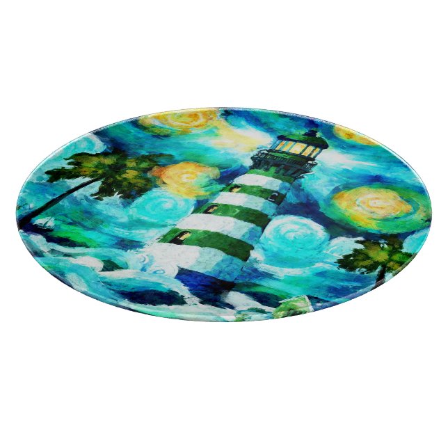 Tropical Lighthouse & Palm Trees Impressionistic Cutting Board (Corner)