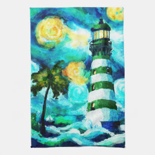Tropical Lighthouse & Palm Trees Impressionistic Kitchen Towel