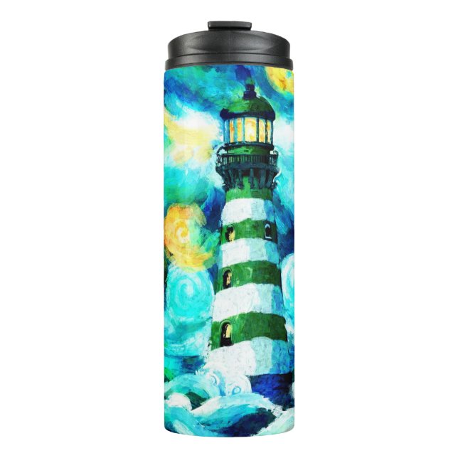 Tropical Lighthouse & Palm Trees Impressionistic Thermal Tumbler (Front)