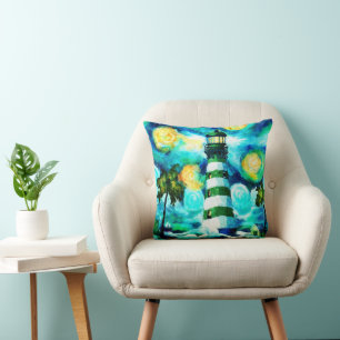 Tropical Lighthouse & Palm Trees Impressionistic Throw Pillow
