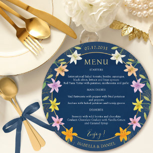 Tropical Lily Blue Teal and Gold Round Wedding Menu
