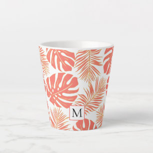 Tropical living coral, gold leaves and monogram latte mug