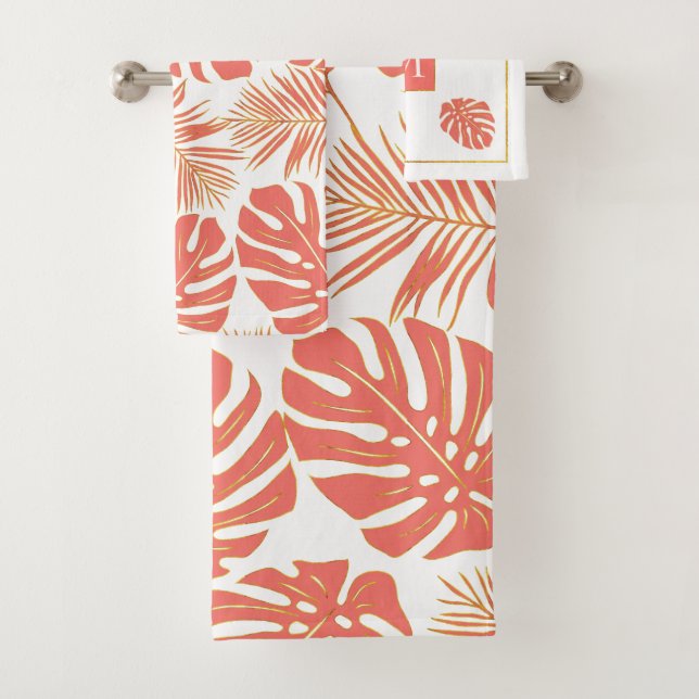 Tropical living coral leaves and monogram bath towel set (Insitu)
