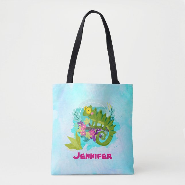 Tropical Lizard with Flowers On Turquoise Blue Tote Bag (Front)
