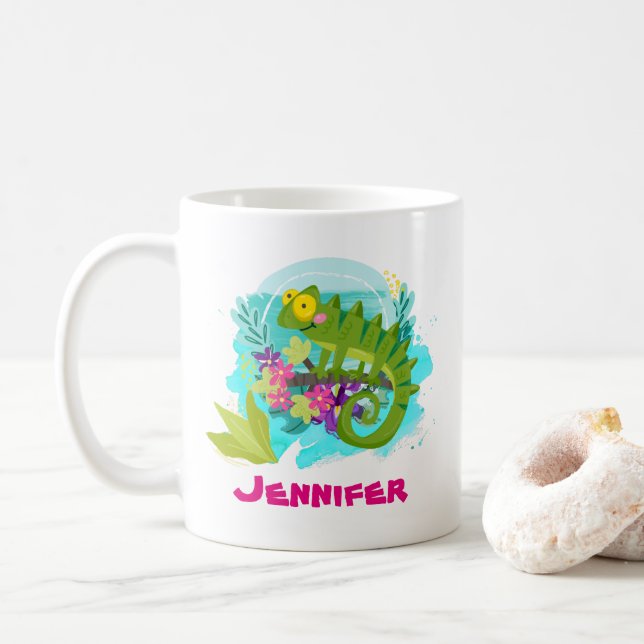 Tropical Lizard with Flowers Personalized Coffee Mug (With Donut)