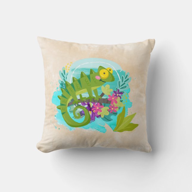 Tropical Lizard with Flowers Throw Pillow (Front)