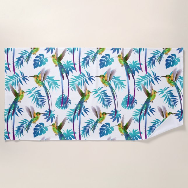Tropical Long Tail Hummingbirds Beach Towel (Front)