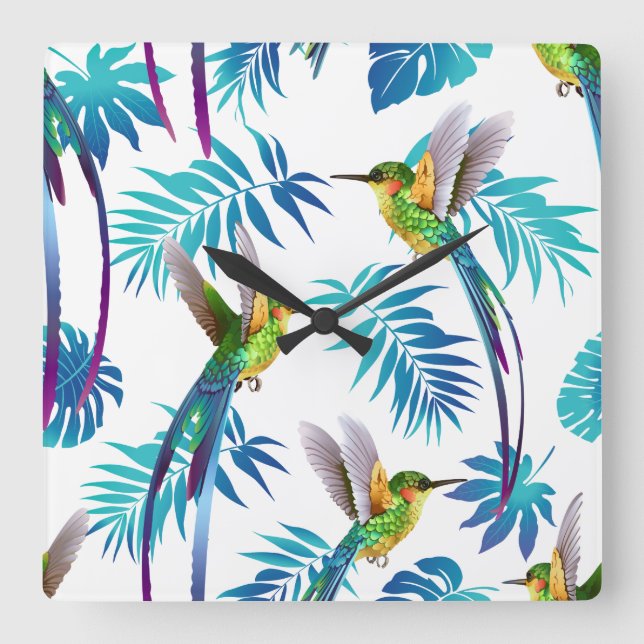 Tropical Long Tail Hummingbirds Square Wall Clock (Front)