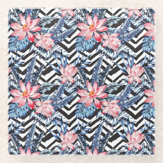 Tropical Lotus Flower Pattern Glass Coaster (Front)