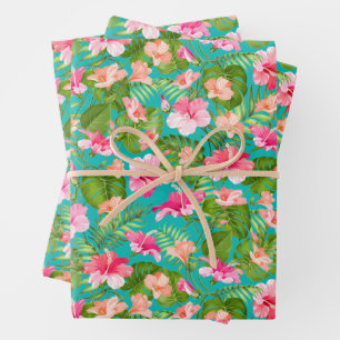 Tropical lowers on Turquoise Wrapping Paper Sheet