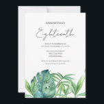 Tropical Luau 18th Birthday Watercolor Invitation<br><div class="desc">Celebrate in style with this elegant 18th birthday invitation, perfect for a modern tropical luau pool party. Featuring the words "Eighteen" in a trendy typography, this design features an island-inspired vibe—ideal for a beach luau tiki party or a classy at-home outdoor celebration. Designed with original watercolor palm tree monstera leaves...</div>