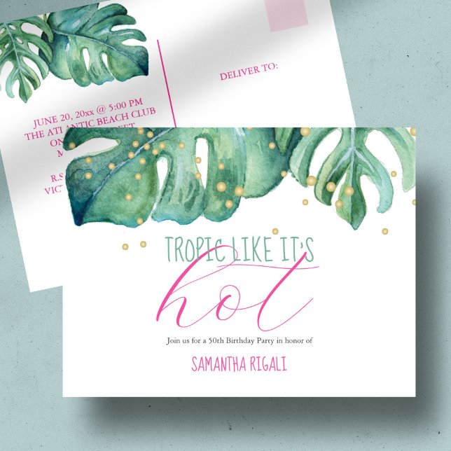 Tropical Luau 50th Birthday Party Budget Invitation Postcard (Tropical Luau 50th Birthday Party Budget Invitation Postcard)
