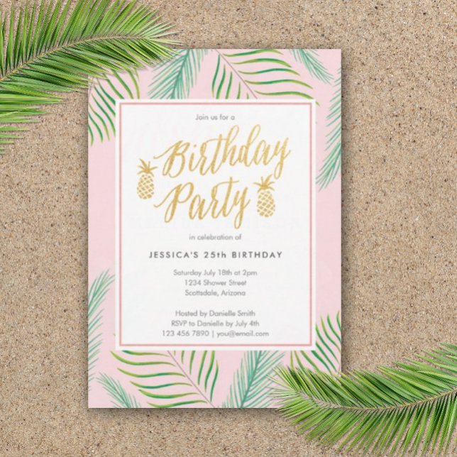 Tropical Luau Birthday Invitations in Pink & Gold (Birthday Party Luau Invitation)