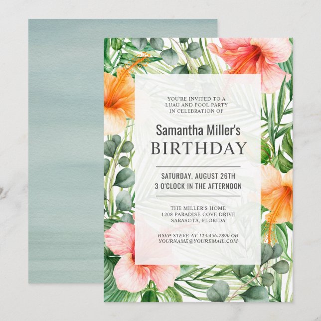 Tropical Luau Birthday Pool Party Invitation (Front/Back)
