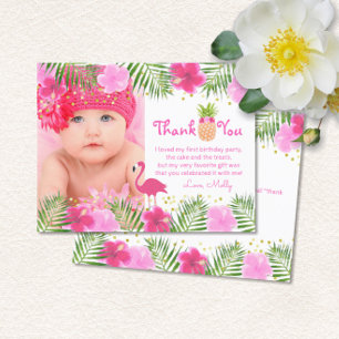 Tropical Luau Flamingo 1st Birthday Girl Thank You Card