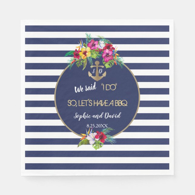 Tropical Luau Floral Navy Stripes I DO BBQ Napkin (Front)