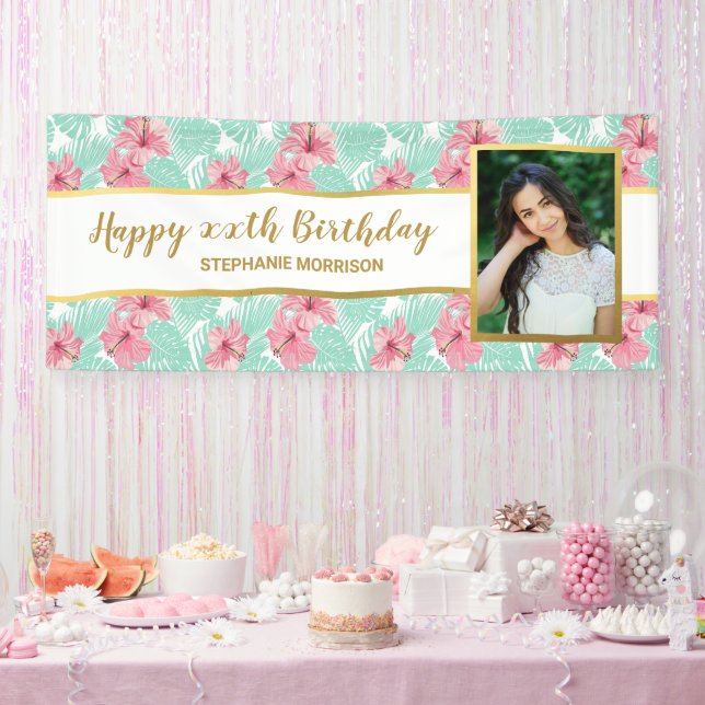 Tropical Luau Floral Palm Leaf Birthday Photo Banner (Party)