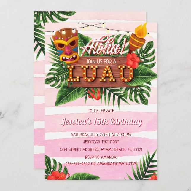 Tropical Luau Girl Birthday Invitation  (Front/Back)