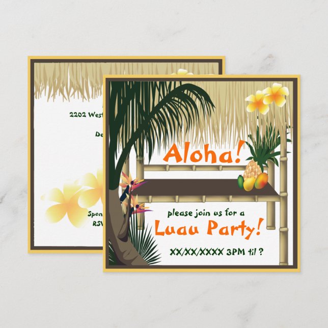 Tropical Luau Party Tiki Hut Invitation (Devant / Derrière)