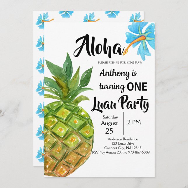 Tropical Luau Pineapple First Birthday Party Invitation (Front/Back)