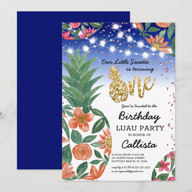 Tropical Luau Pineapple Light Glitter 1st Birthday Invitation (Front/Back)