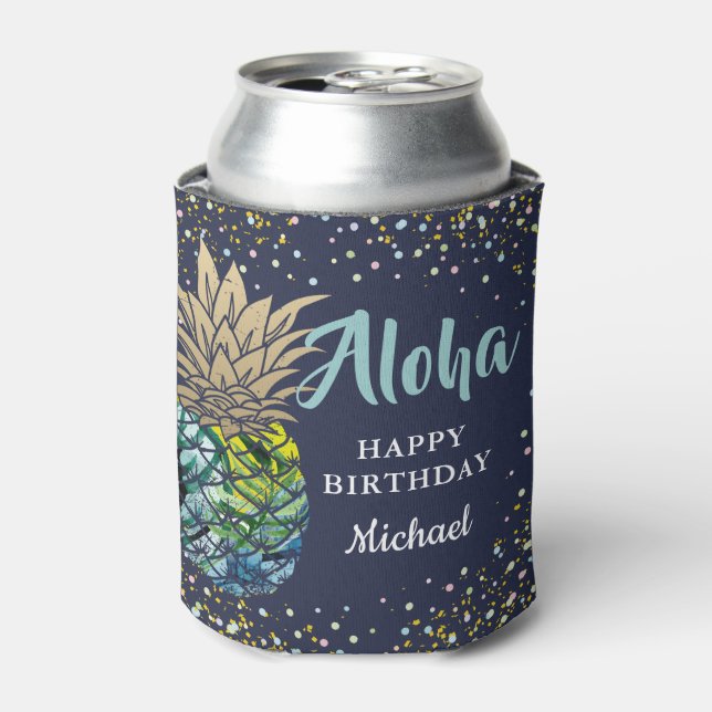 Tropical Luau Pineapple Navy Blue Beach Party Can Cooler (Can Front)
