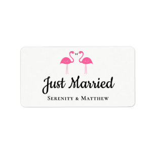 Tropical Luau Pink Flamingos Just Married Wedding Label