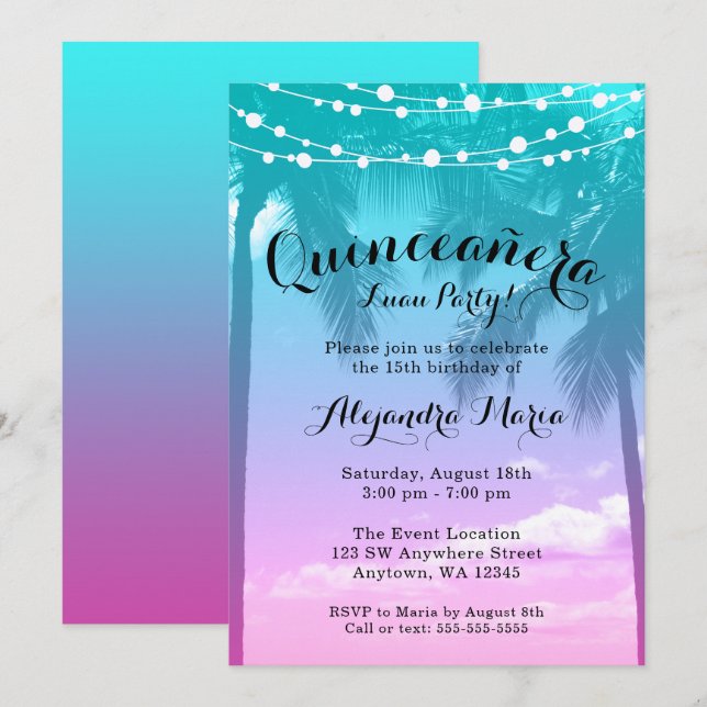 Tropical Luau Teal Pink Quinceanera Invitations (Front/Back)