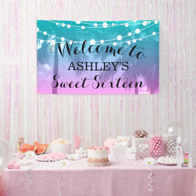 Tropical Luau Teal Pink Sweet 16 Birthday Banner (Party)