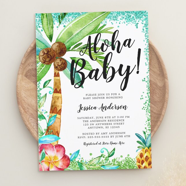 Tropical Luau Watercolor Faux Glitter Baby Shower Invitation (Creator Uploaded)