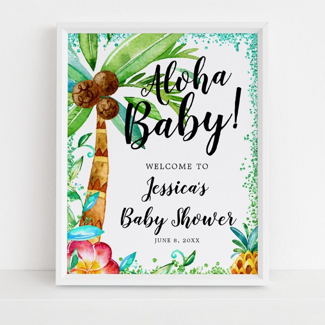 Tropical Luau Watercolor Faux Glitter Baby Shower Poster (Creator Uploaded)