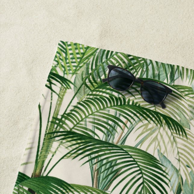 Tropical Lush Foliage Palm Leaves Pattern Beach Towel (In Situ)