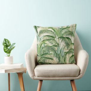 Tropical Lush Foliage Palm Leaves Pattern Throw Pillow