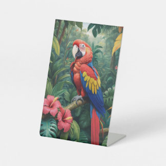 Tropical Macaw in a Lush Rainforest Pedestal Sign
