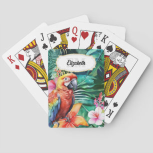 Tropical macaw parrot jungle watercolor flowers playing cards